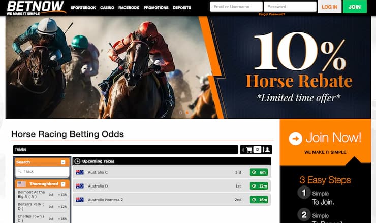A snapshot of BetNow, one of our top rated horse racing betting apps.